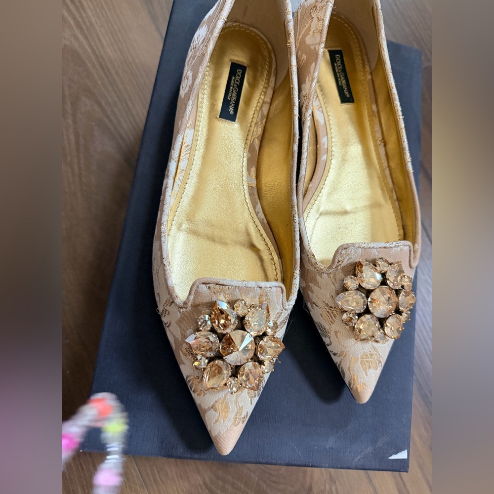 Dolce & Gabbana Tan Brocade Pointed Flats with Crystal Cluster